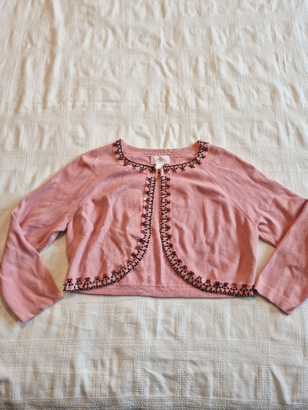 Loft women's Large pink bolero sweater pink & brown beads a few missing VGUC